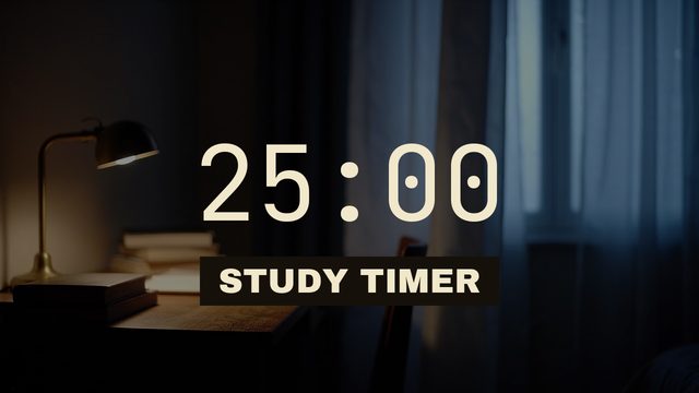 A desk lamp and books at night, with a 25:00 countdown across the middle of frame